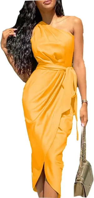 Women's One Shoulder Satin Dress Ruched Bodycon Dress Asymmetrical Split Dress Wrap Belted Tea Party Midi Pencil Dresses