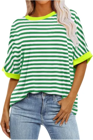 Womens Oversized T Shirts Fashion Striped Summer Tops Loose Fit Basic Tee Shirt Crewneck Plus Size Tunic 2024 Trendy