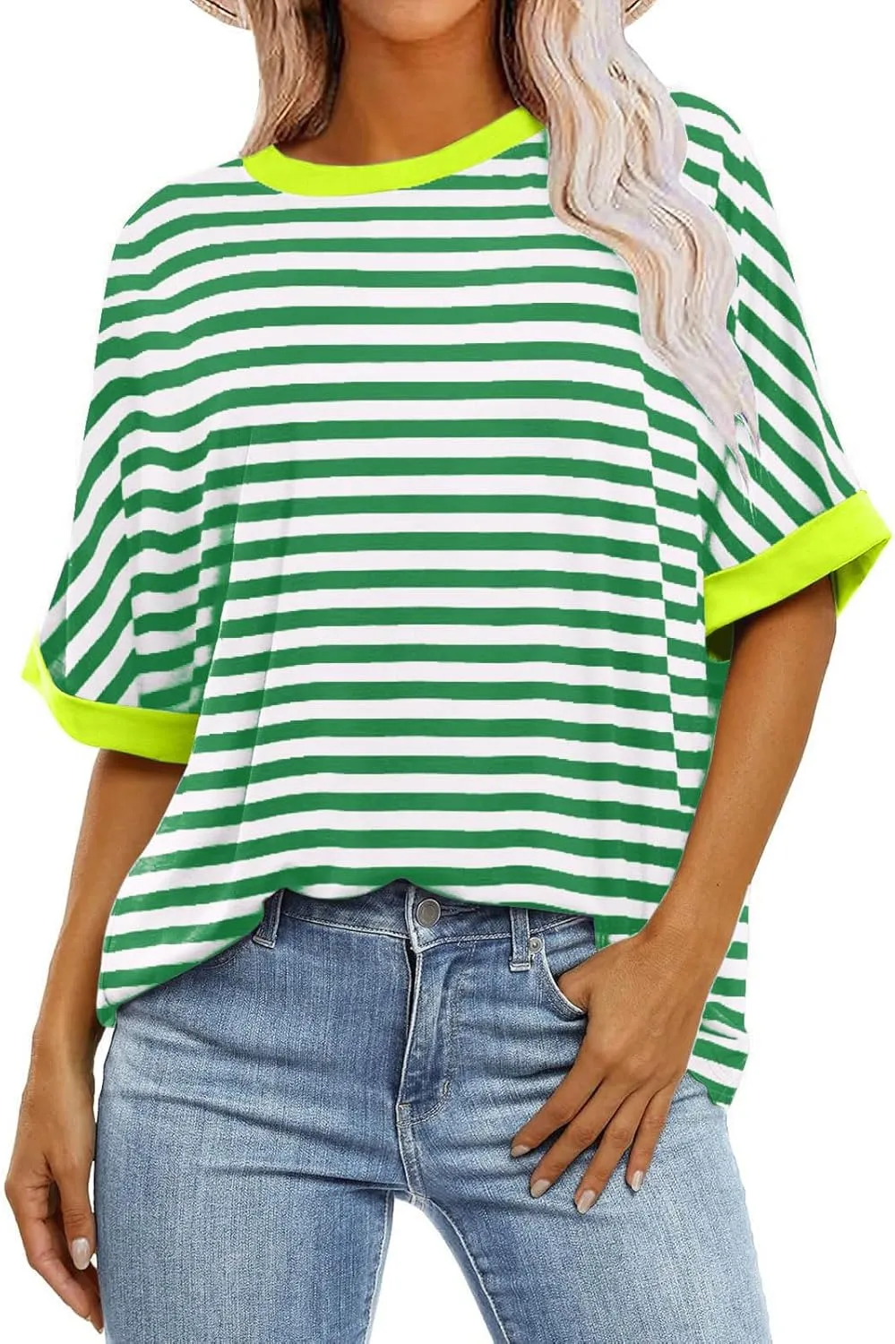 Womens Oversized T Shirts Fashion Striped Summer Tops Loose Fit Basic Tee Shirt Crewneck Plus Size Tunic 2024 Trendy