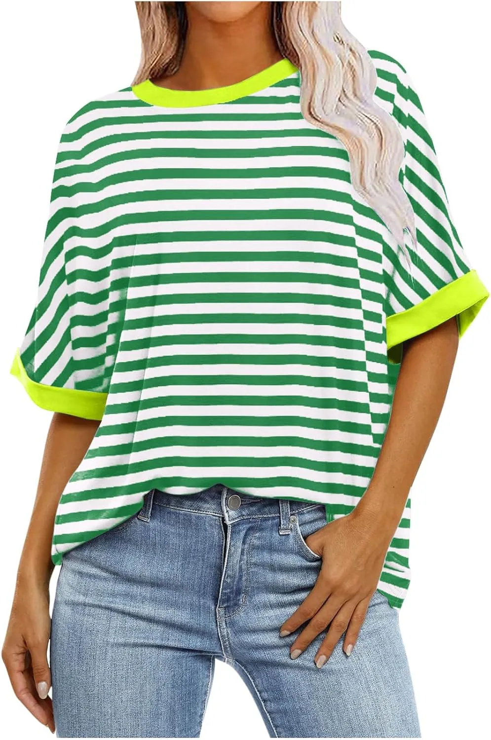 Womens Oversized T Shirts Fashion Striped Summer Tops Loose Fit Basic Tee Shirt Crewneck Plus Size Tunic 2024 Trendy