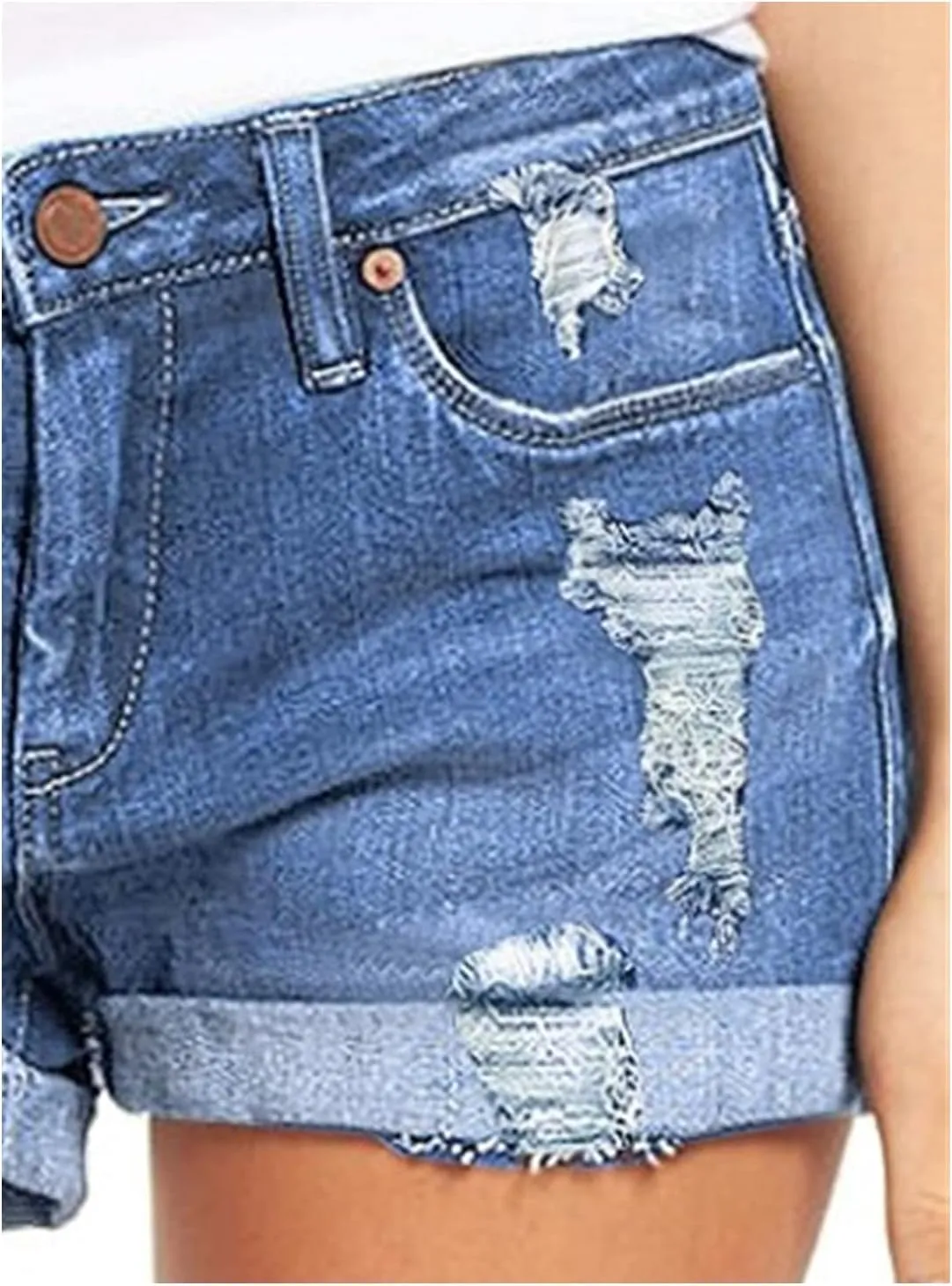 Women's Ripped Denim Jean Shorts Rolled Hem Distressed Jeans High Waisted Stretchy Folded Hem Short Jeans