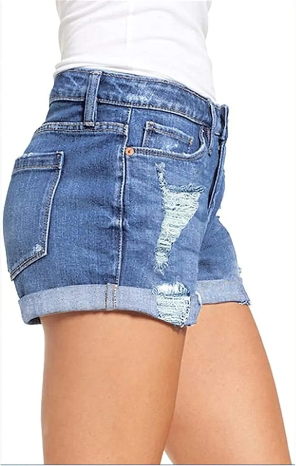 Women's Ripped Denim Jean Shorts Rolled Hem Distressed Jeans High Waisted Stretchy Folded Hem Short Jeans