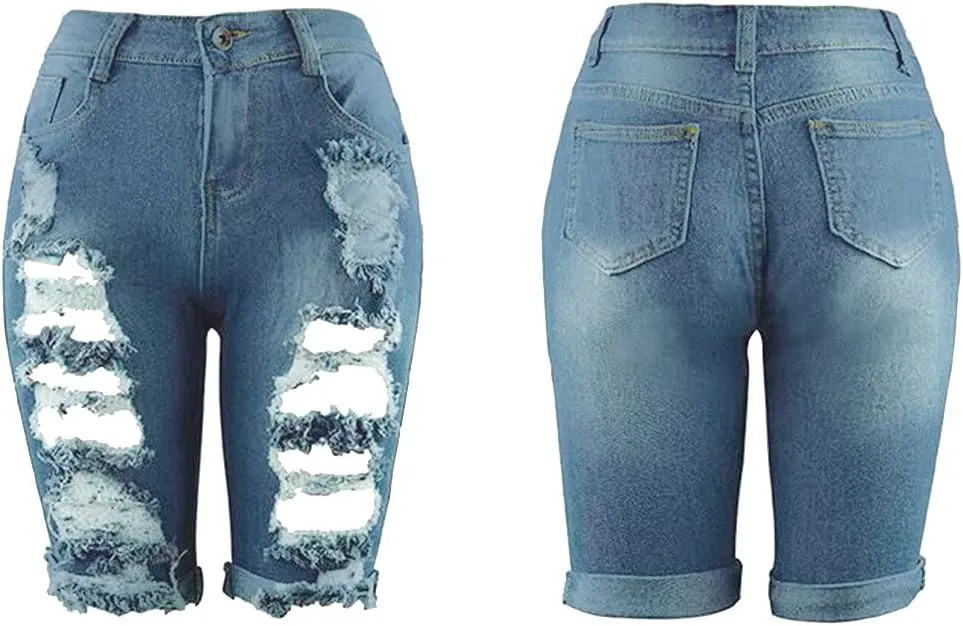 Womens Ripped Denim Shorts Frayed Raw Hem Shorts Skinny Stretchy Jeans Shorts Straight Leg Short Jeans for Ladies