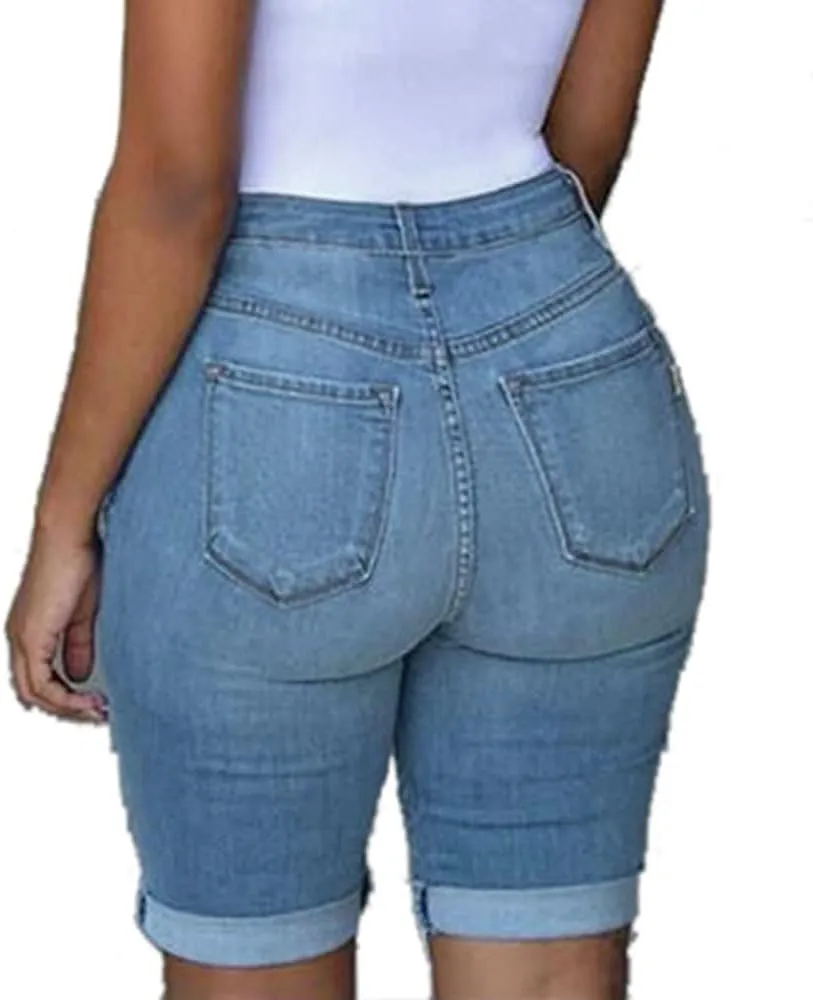 Womens Ripped Denim Shorts Frayed Raw Hem Shorts Skinny Stretchy Jeans Shorts Straight Leg Short Jeans for Ladies