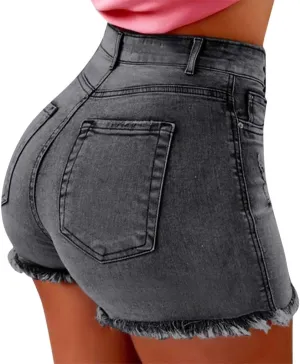 Women's Ripped Hem Jean Shorts High Waisted Distressed Denim Shorts Plus Size Beach Casual Summer Denim Shorts
