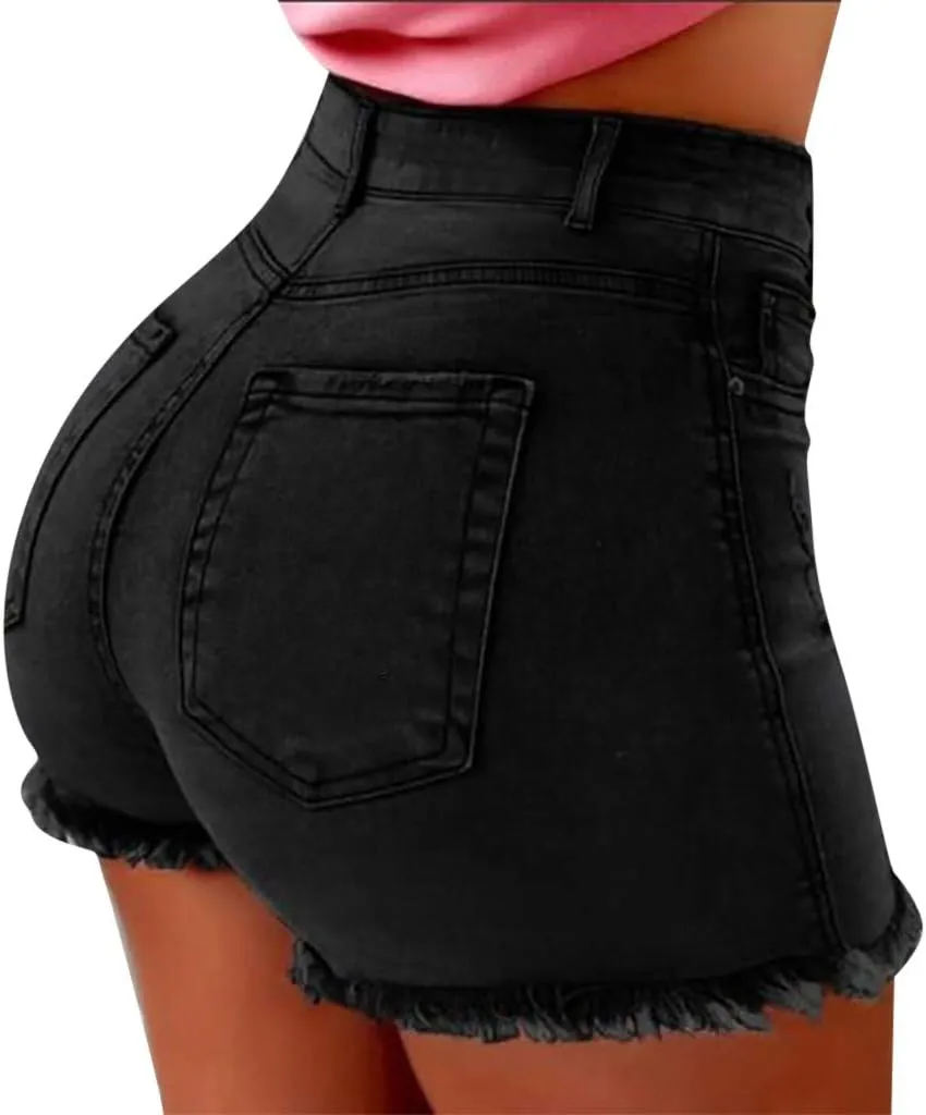 Women's Ripped Hem Jean Shorts High Waisted Distressed Denim Shorts Plus Size Beach Casual Summer Denim Shorts