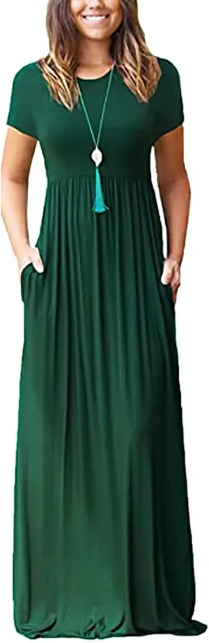 Women's Short Sleeve Split Maxi Dress Crewneck Tshirt Casual Plain Long Dresses Beach Basic Vacation Dresses Pockets