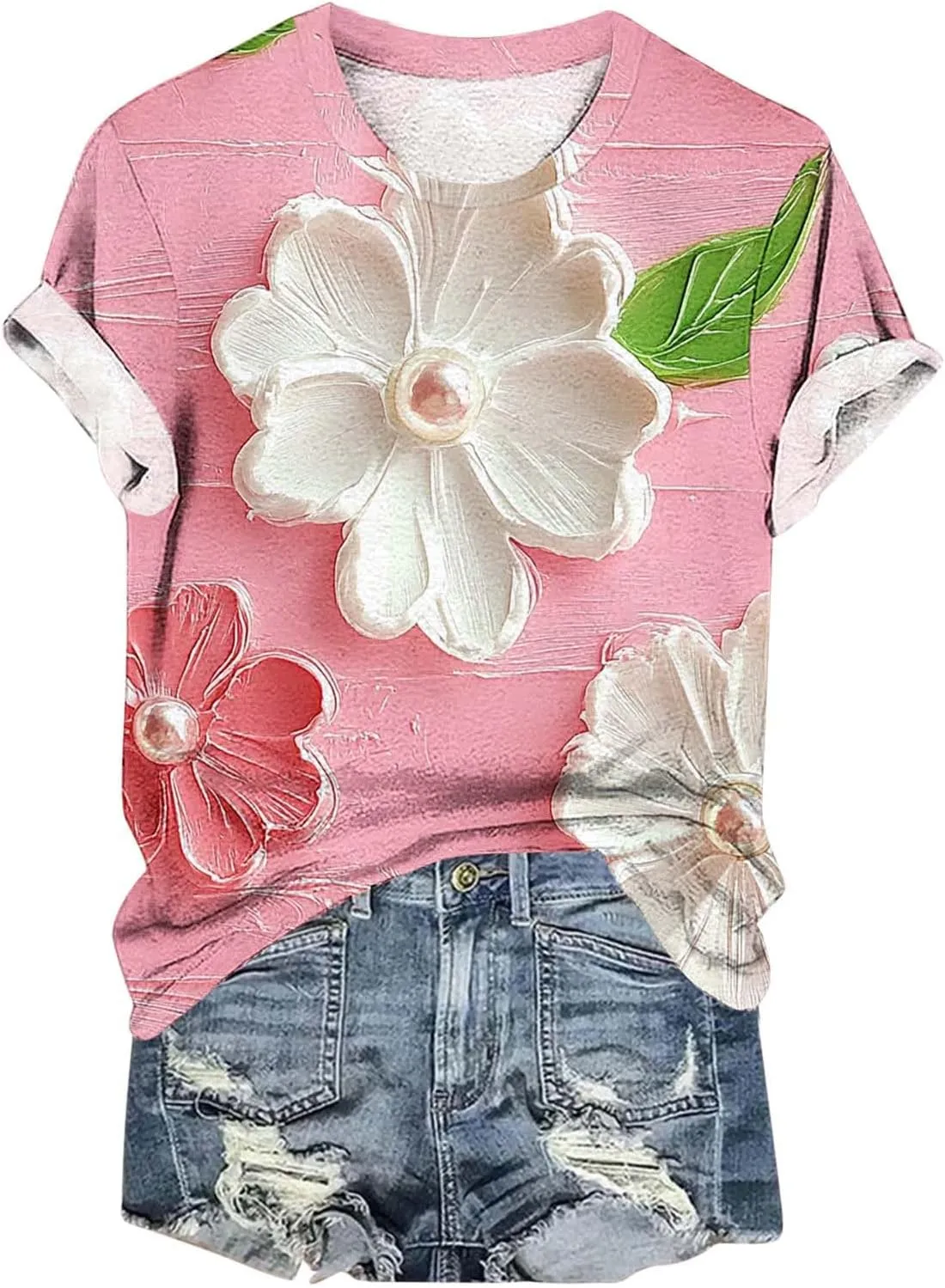 Womens Short Sleeve Summer Tops Plus Size Graphic Print Crewneck Heart T-Shirt Casual Loose Fit Workout Tees Outfits