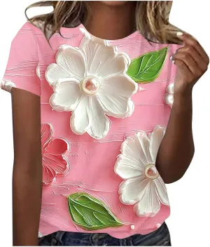 Womens Short Sleeve Summer Tops Plus Size Graphic Print Crewneck Heart T-Shirt Casual Loose Fit Workout Tees Outfits