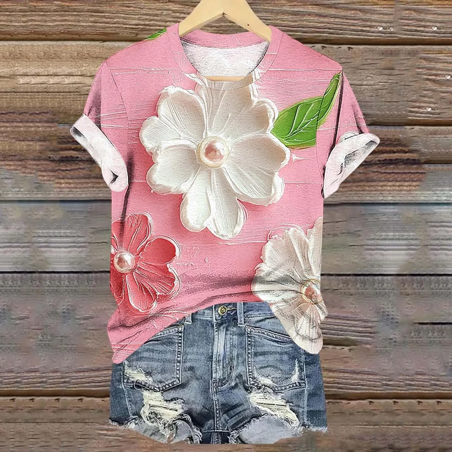 Womens Short Sleeve Summer Tops Plus Size Graphic Print Crewneck Heart T-Shirt Casual Loose Fit Workout Tees Outfits