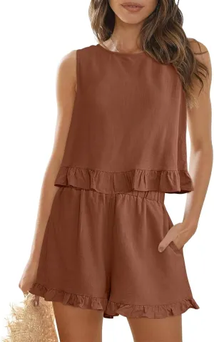 Women's Shorts Sets 2 Piece Outfits Sleeveless Round Neck Ruffle Crop Tops and Shorts Summer Beach Y2K Set