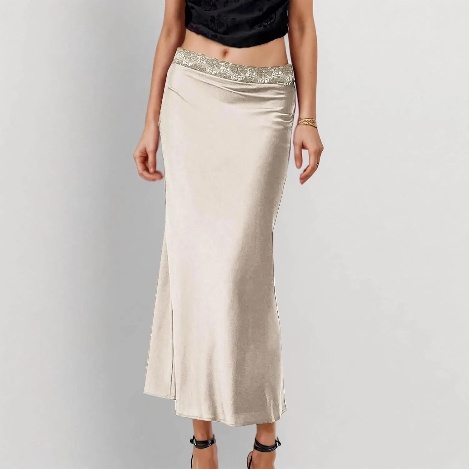 Women's Silk Satin Maxi Skirts Lace Midi Waist A Line Bodycon Long Skirt