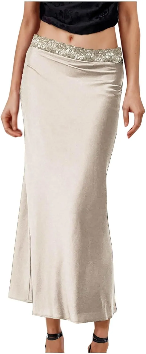 Women's Silk Satin Maxi Skirts Lace Midi Waist A Line Bodycon Long Skirt