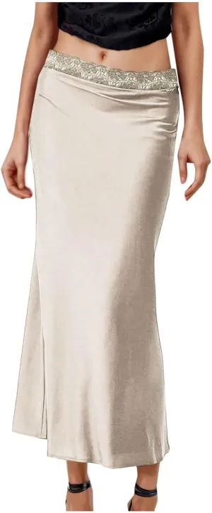 Women's Silk Satin Maxi Skirts Lace Midi Waist A Line Bodycon Long Skirt