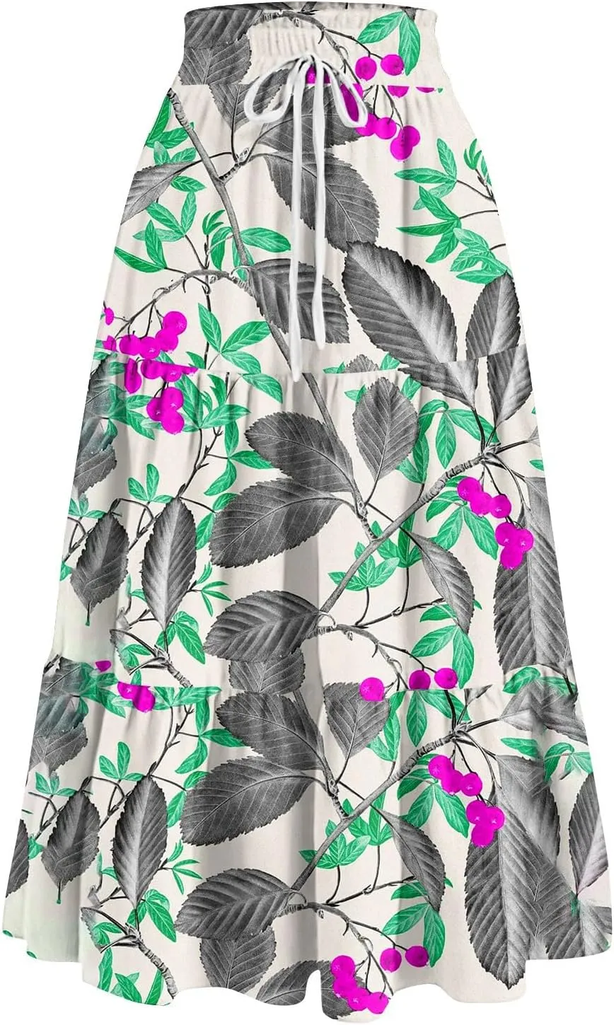 Women's Skirts Casual Summer Elastic High Waisted Flowy A Line Long Skirts Trendy Pleated Plus Size Maxi Skirts with Pockets