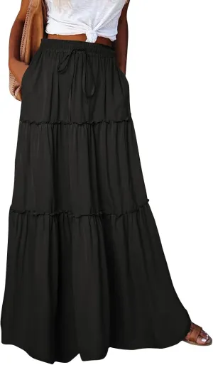Women's Skirts Casual Summer Elastic High Waisted Flowy A Line Long Skirts Trendy Pleated Plus Size Maxi Skirts with Pockets