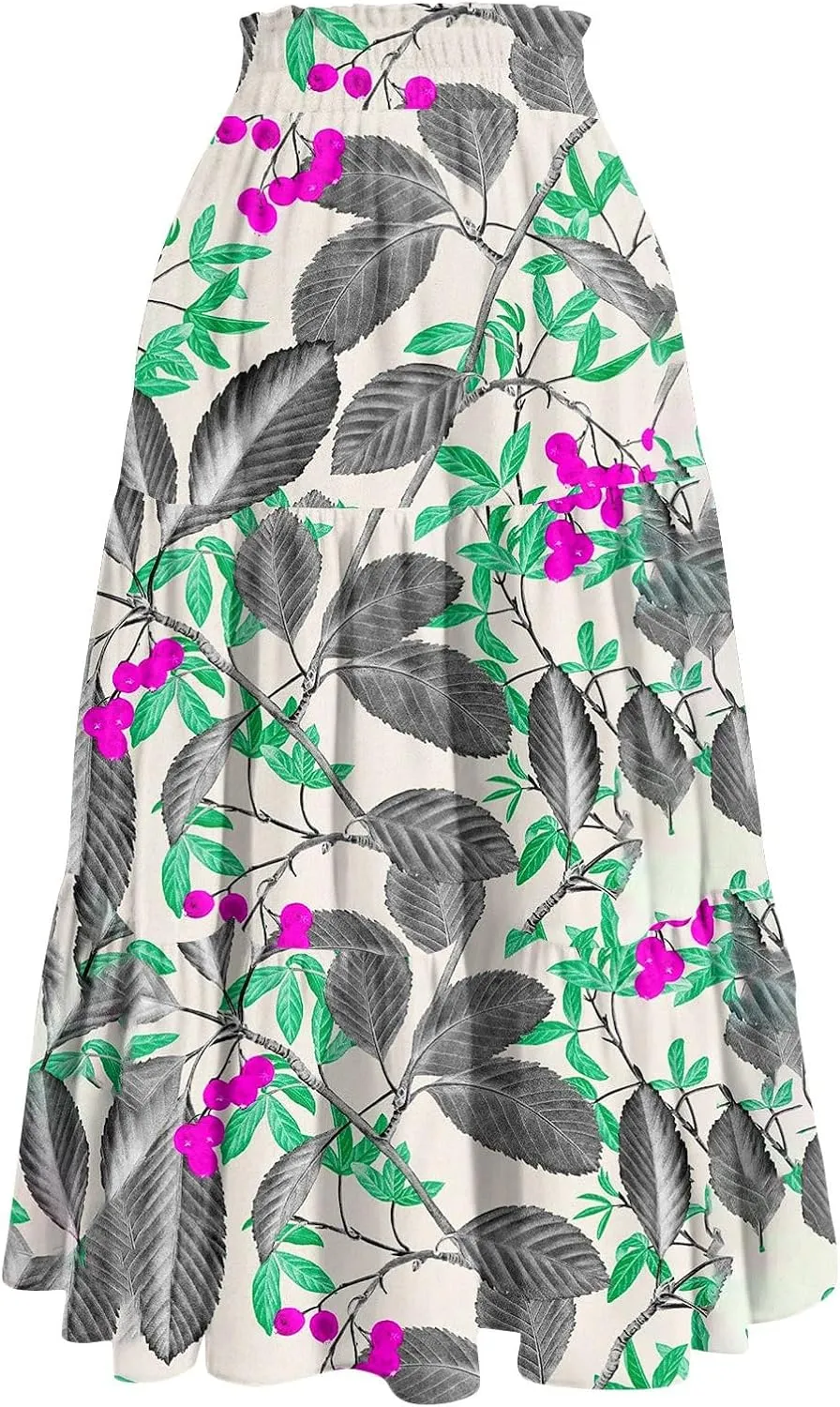 Women's Skirts Casual Summer Elastic High Waisted Flowy A Line Long Skirts Trendy Pleated Plus Size Maxi Skirts with Pockets