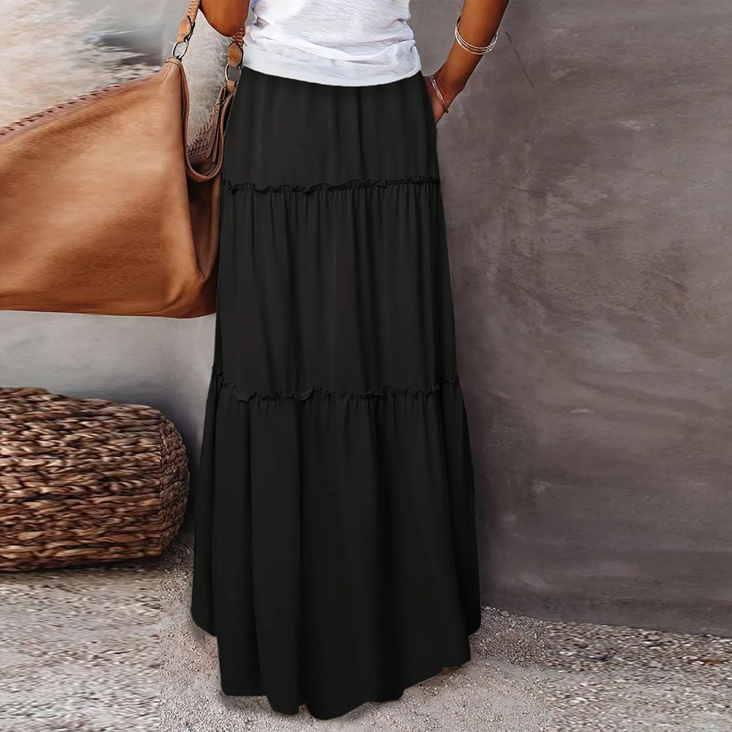 Women's Skirts Casual Summer Elastic High Waisted Flowy A Line Long Skirts Trendy Pleated Plus Size Maxi Skirts with Pockets
