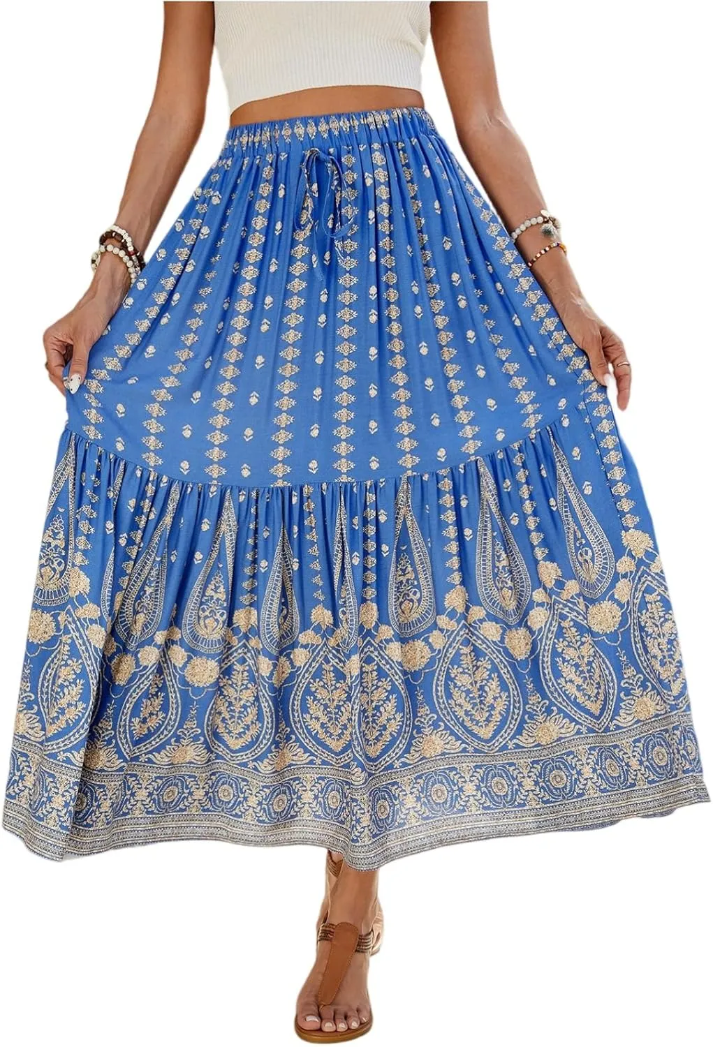 Womens Skirts,Bohemian Flowy Maxi Skirts for Women 2025 Trendy Long Boho Skirt Summer Wrap Drawstring Tiered