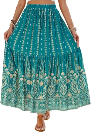 Womens Skirts,Bohemian Flowy Maxi Skirts for Women 2025 Trendy Long Boho Skirt Summer Wrap Drawstring Tiered