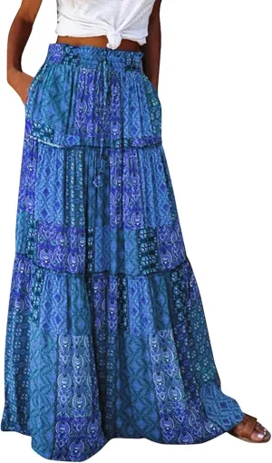 Womens Skirts,Boho Ruffle Hem Flowy Maxi Skirts for Women Trendy 2025 Summer Vacation Elastic High Waist Drawstring