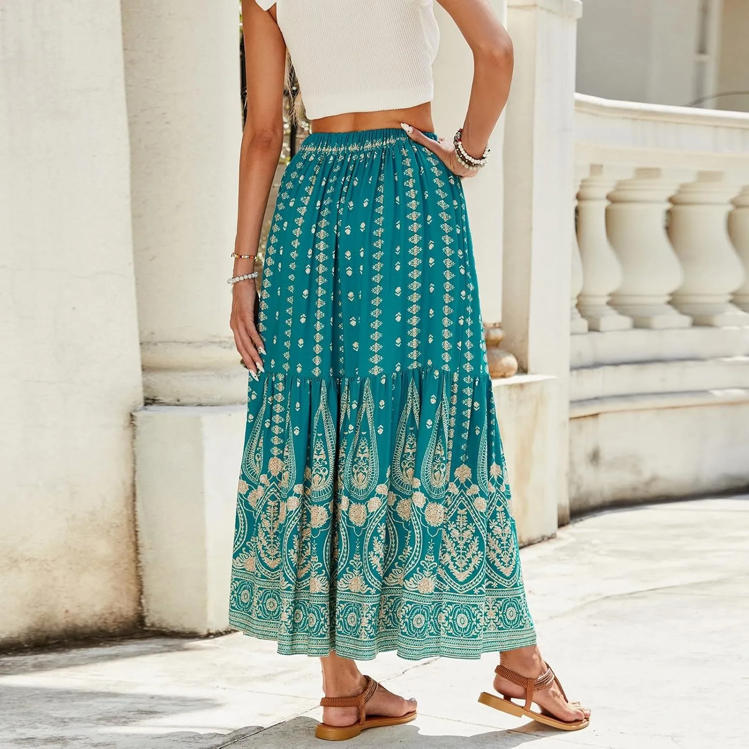 Womens Skirts,Wrap Drawstring Tiered Flowy Maxi Skirts for Women 2025 Trendy Ethnic Long Boho Skirt Spring Summer