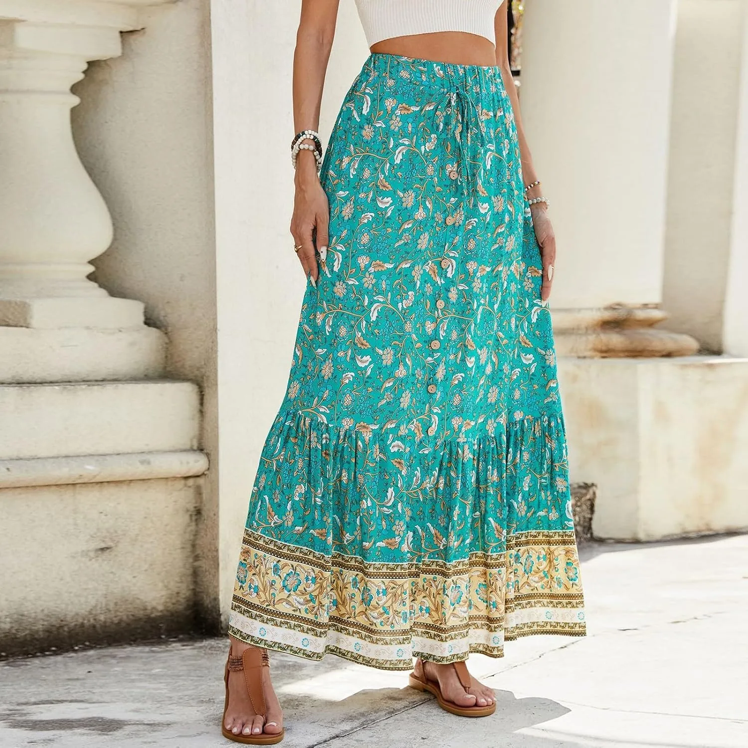Womens Skirts,Wrap Drawstring Tiered Flowy Maxi Skirts for Women 2025 Trendy Ethnic Long Boho Skirt Spring Summer