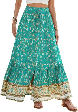 Womens Skirts,Wrap Drawstring Tiered Flowy Maxi Skirts for Women 2025 Trendy Ethnic Long Boho Skirt Spring Summer