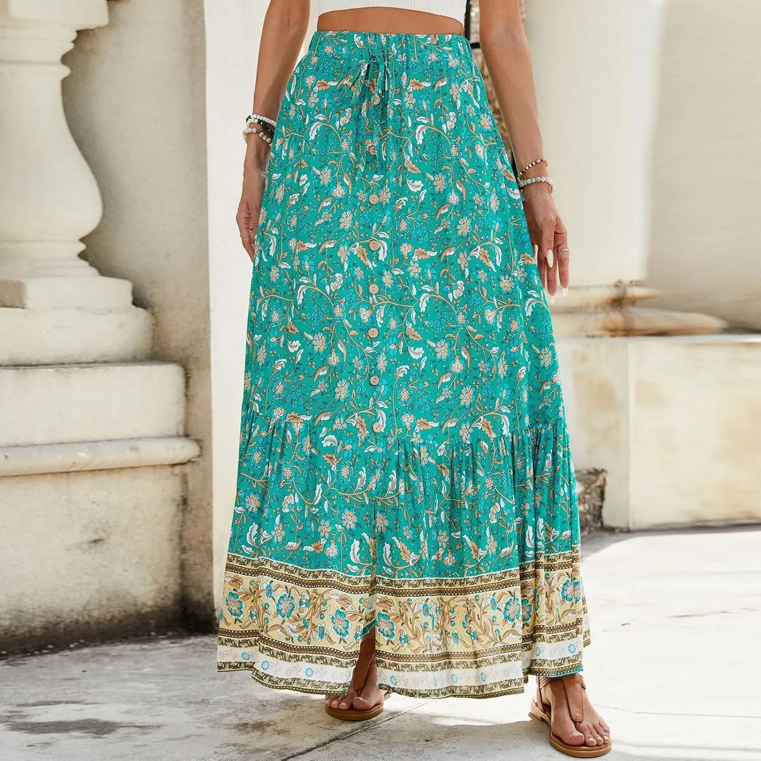 Womens Skirts,Wrap Drawstring Tiered Flowy Maxi Skirts for Women 2025 Trendy Ethnic Long Boho Skirt Spring Summer