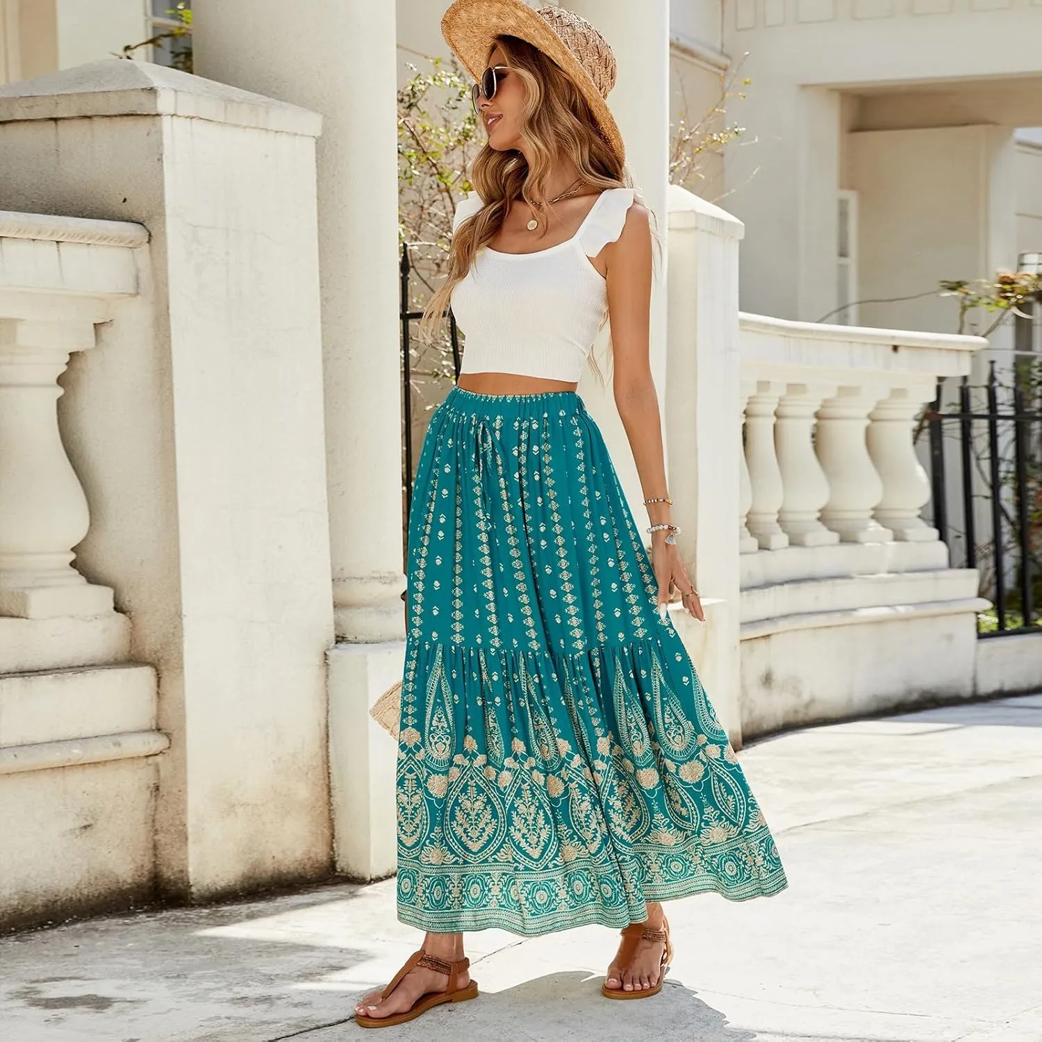 Womens Skirts,Wrap Drawstring Tiered Flowy Maxi Skirts for Women 2025 Trendy Ethnic Long Boho Skirt Spring Summer