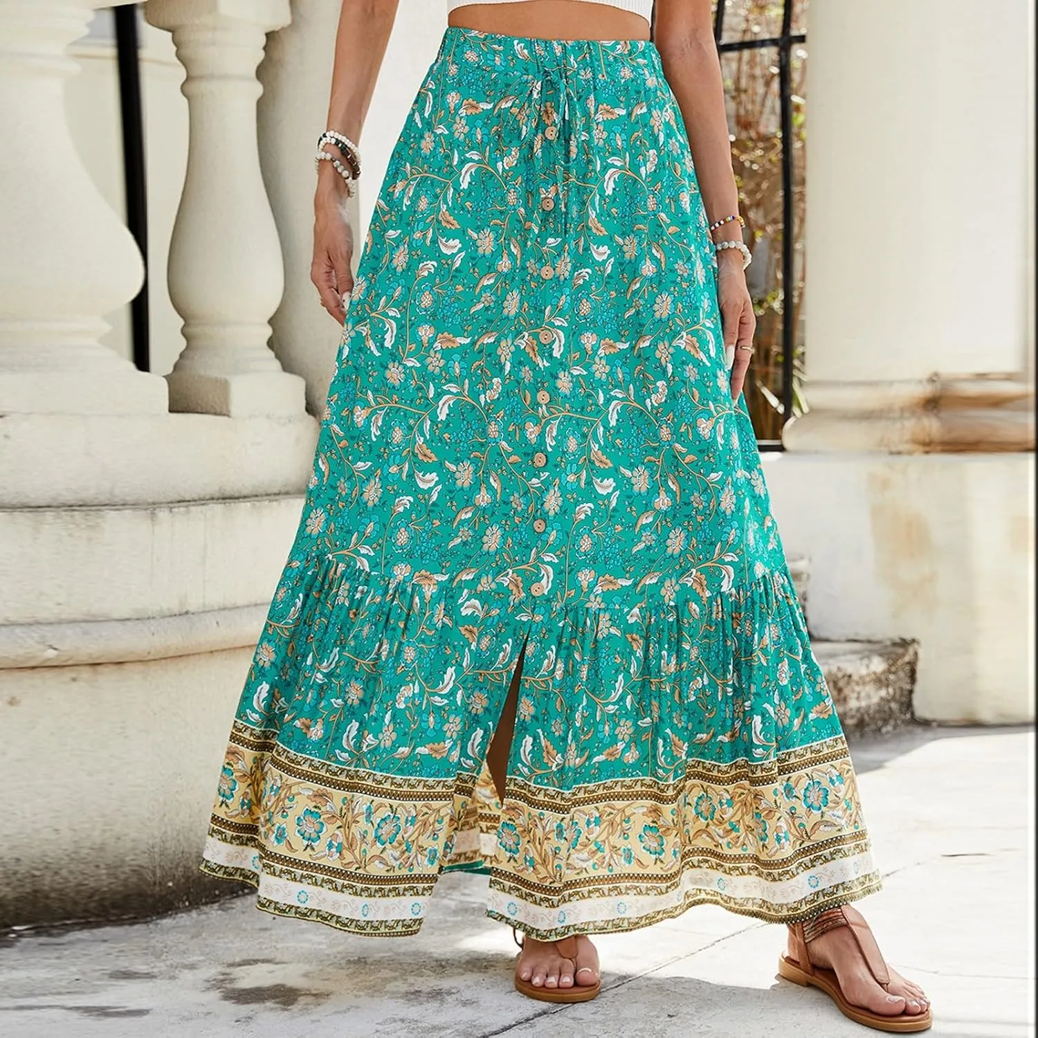 Womens Skirts,Wrap Drawstring Tiered Flowy Maxi Skirts for Women 2025 Trendy Ethnic Long Boho Skirt Spring Summer