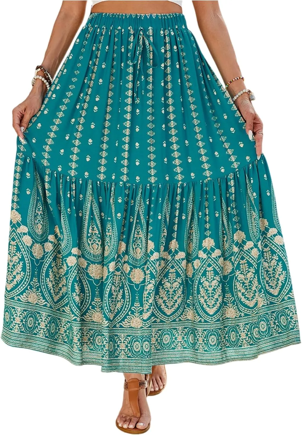 Womens Skirts,Wrap Drawstring Tiered Flowy Maxi Skirts for Women 2025 Trendy Ethnic Long Boho Skirt Spring Summer