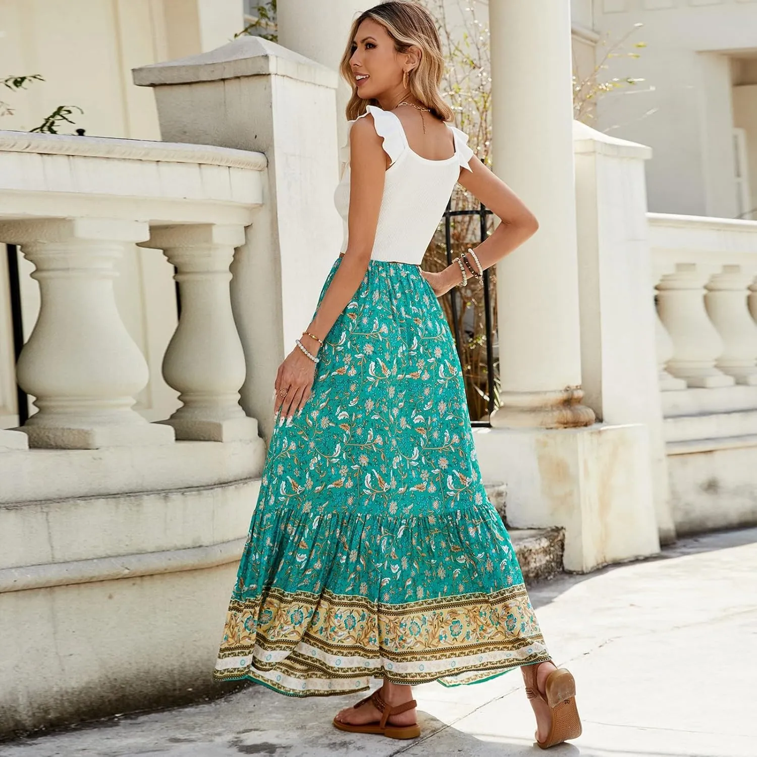 Womens Skirts,Wrap Drawstring Tiered Flowy Maxi Skirts for Women 2025 Trendy Ethnic Long Boho Skirt Spring Summer