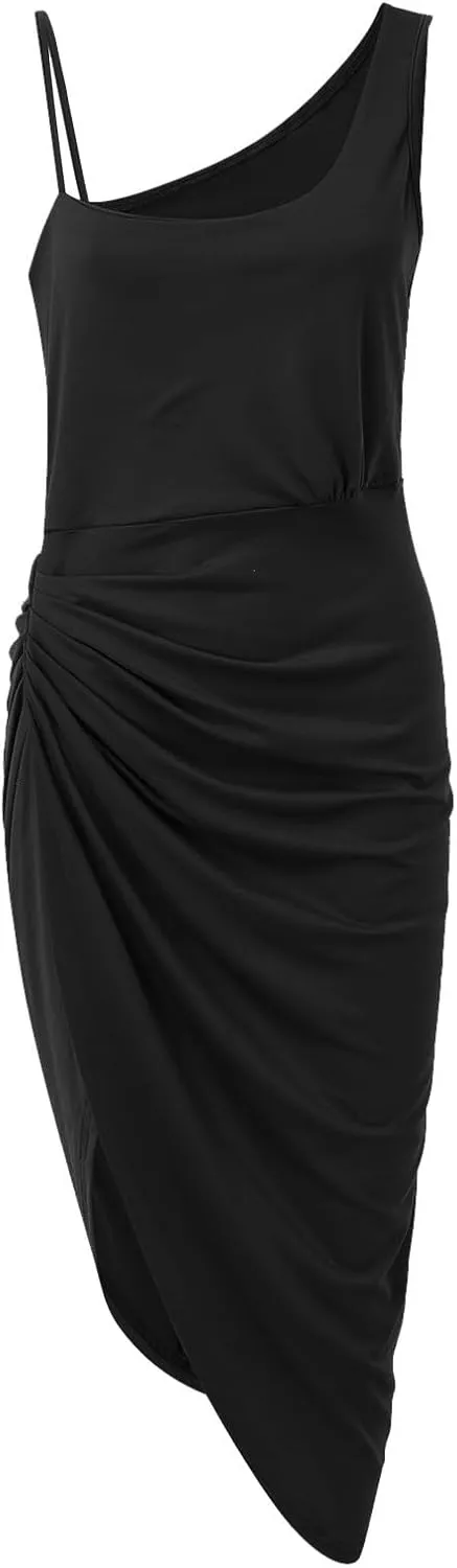 Women's Solid Color Sexy Slit Long Skirt Pleated Single Shoulder Evening Dress Casual Skirt Cocktail Dresses