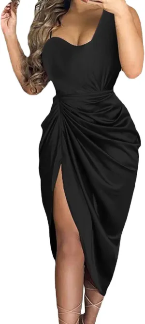 Women's Solid Color Sexy Slit Long Skirt Pleated Single Shoulder Evening Dress Casual Skirt Cocktail Dresses