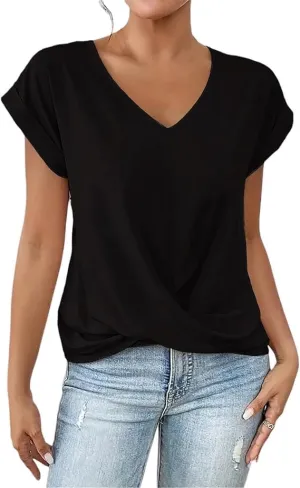 Women's Solid Color V-Neck Front Twist Knot T-Shirt Elegant Short-Sleeved Shirts Casual Loose Fit Tunic Pullover
