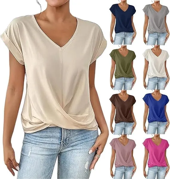Women's Solid Color V-Neck Front Twist Knot T-Shirt Elegant Short-Sleeved Shirts Casual Loose Fit Tunic Pullover