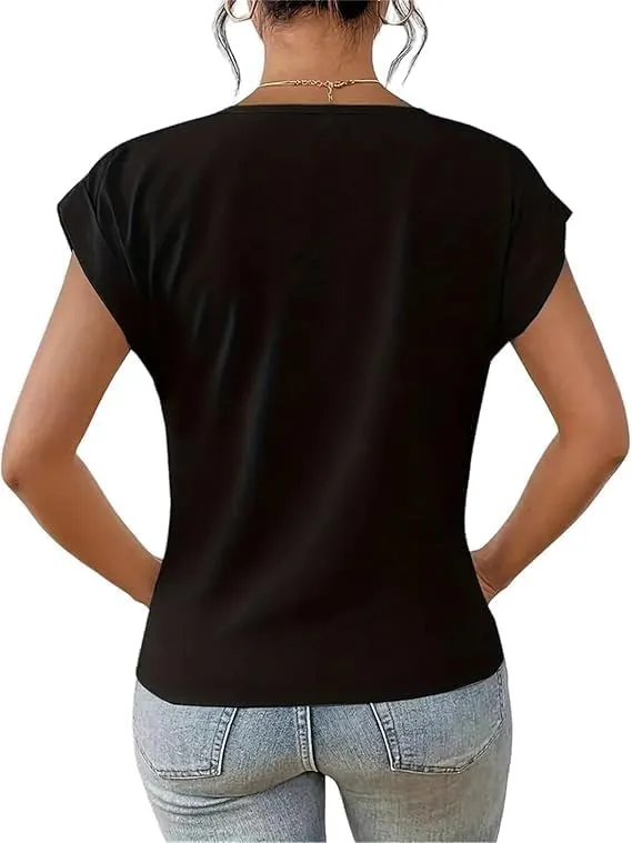 Women's Solid Color V-Neck Front Twist Knot T-Shirt Elegant Short-Sleeved Shirts Casual Loose Fit Tunic Pullover