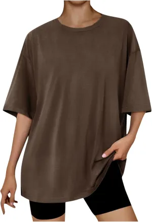 Womens Solid Crew Neck T Shirts Summer Short Sleeve Shirts Dressy Casual Tops for 2024 Going Out Tops for Plus Size