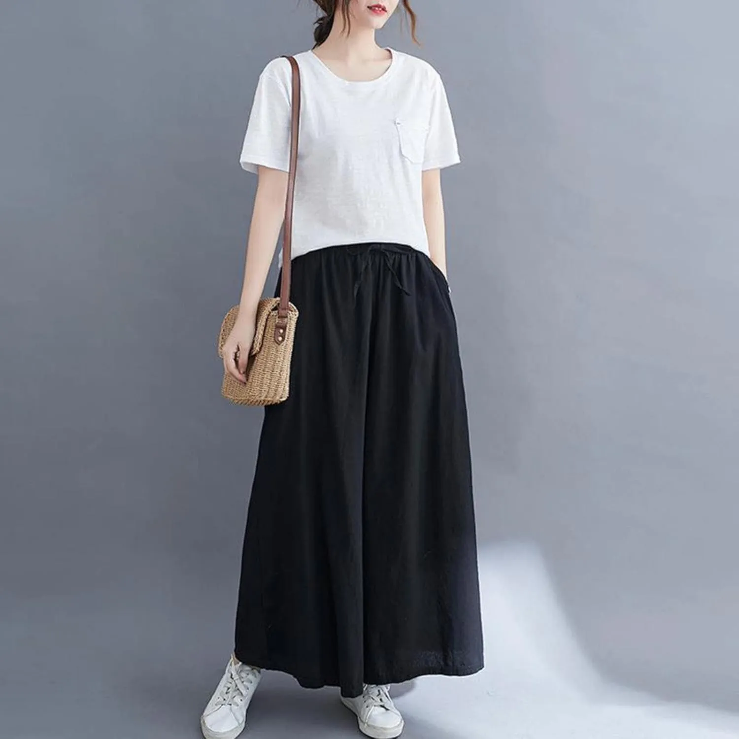 Women's Solid Straight Wide Leg Cropped Trousers Summer Lightweight Cotton Soft Comfy Plus Size Baggy Versatile Pants