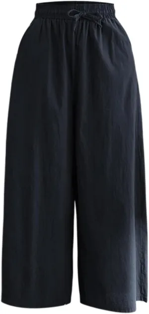 Women's Solid Straight Wide Leg Cropped Trousers Summer Lightweight Cotton Soft Comfy Plus Size Baggy Versatile Pants