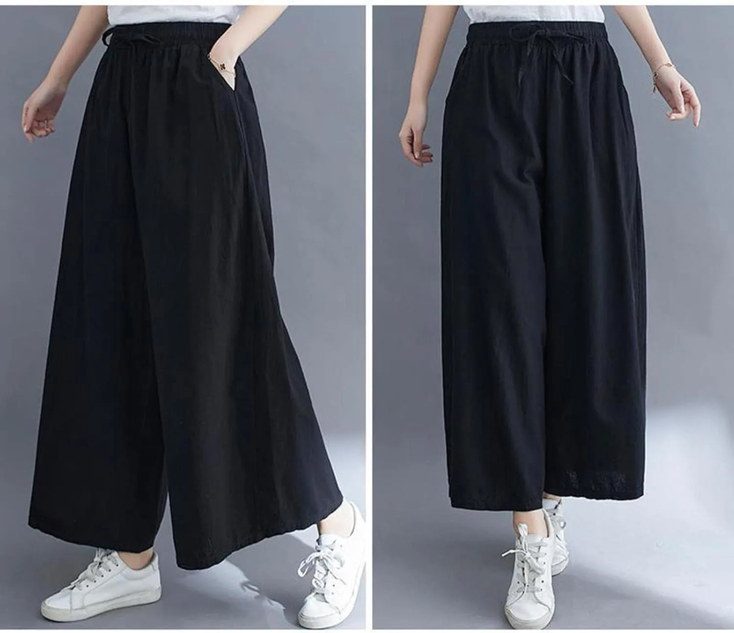 Women's Solid Straight Wide Leg Cropped Trousers Summer Lightweight Cotton Soft Comfy Plus Size Baggy Versatile Pants