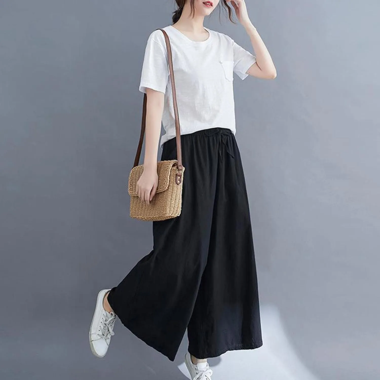 Women's Solid Straight Wide Leg Cropped Trousers Summer Lightweight Cotton Soft Comfy Plus Size Baggy Versatile Pants