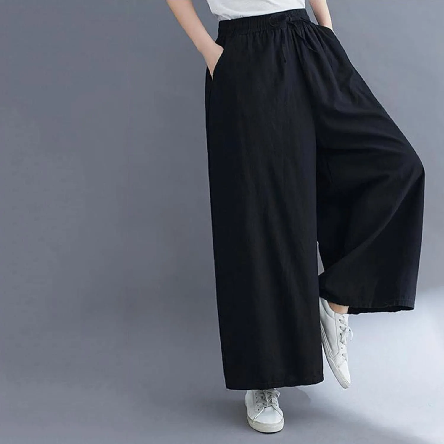 Women's Solid Straight Wide Leg Cropped Trousers Summer Lightweight Cotton Soft Comfy Plus Size Baggy Versatile Pants