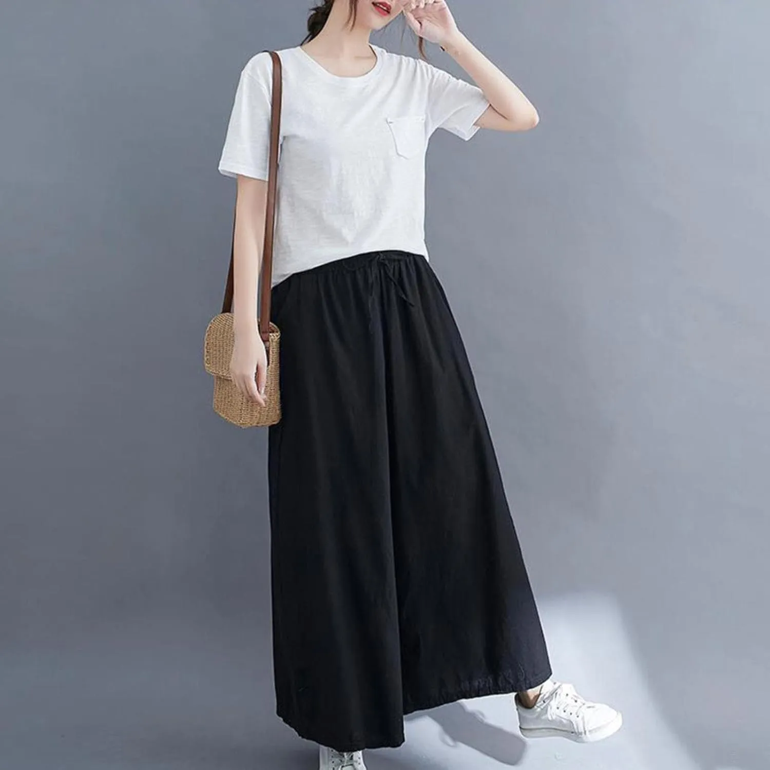 Women's Solid Straight Wide Leg Cropped Trousers Summer Lightweight Cotton Soft Comfy Plus Size Baggy Versatile Pants