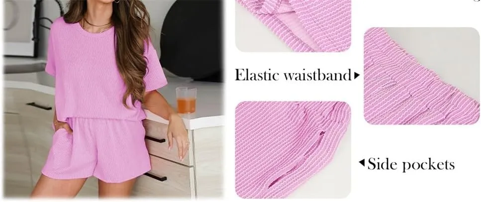 Women's Solid Textured Pocket Shorts Set, Ribbed Lounge Sets For Women Knit Loose Lounge Shorts Set Pajamas Lounge Set