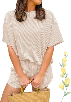 Women's Solid Textured Pocket Shorts Set, Ribbed Lounge Sets For Women Knit Loose Lounge Shorts Set Pajamas Lounge Set