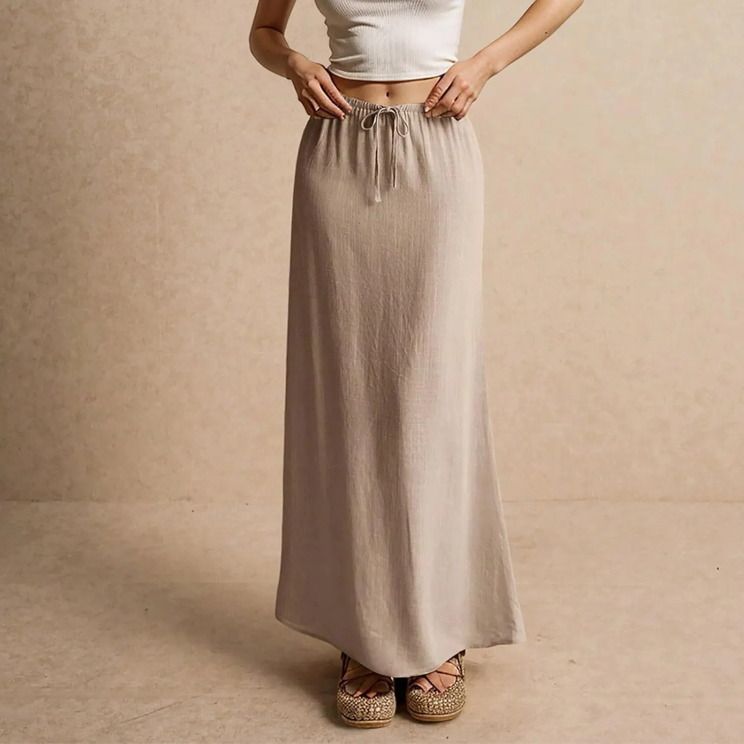 Womens Spring Skirts 2025 Drawstring Waist Boho Maxi Slim Low Rise Cotton Linen A Line Cute Flowy Spring Midi Skirt