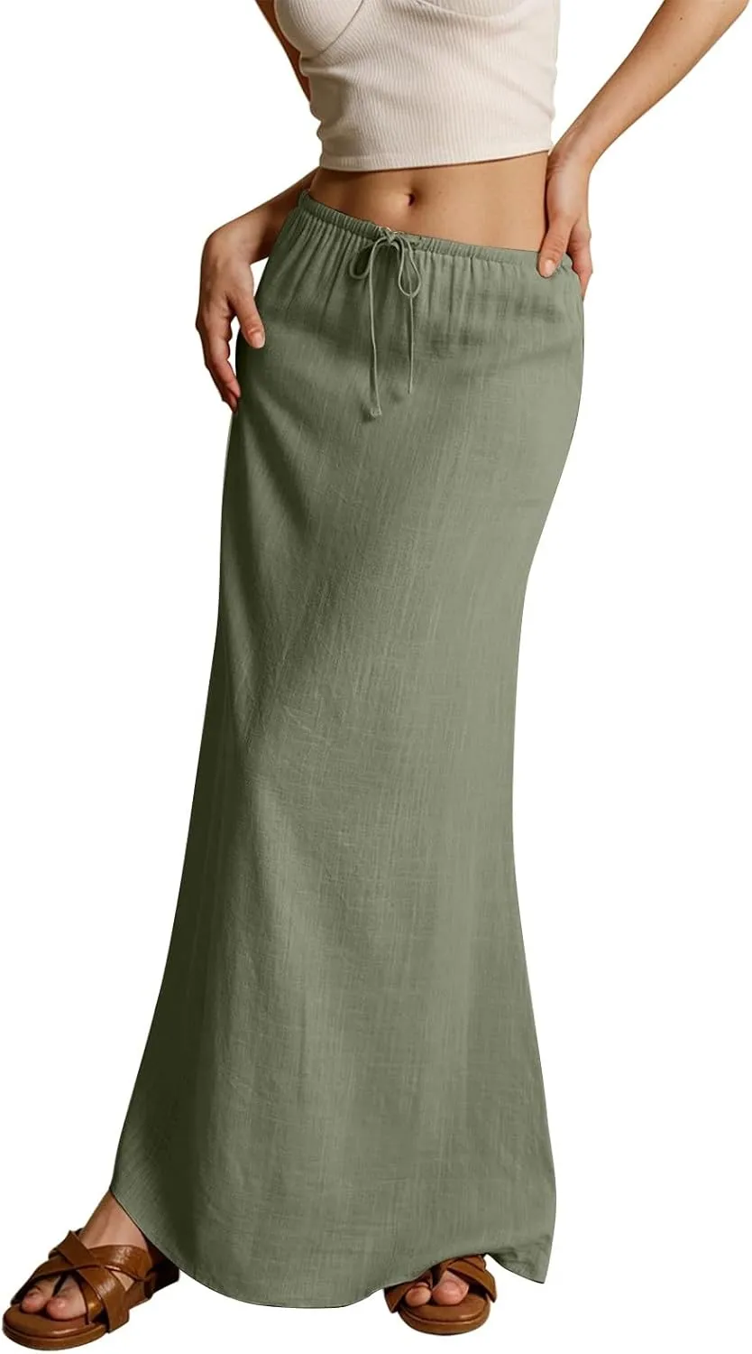 Womens Spring Skirts 2025 Drawstring Waist Boho Maxi Slim Low Rise Cotton Linen A Line Cute Flowy Spring Midi Skirt