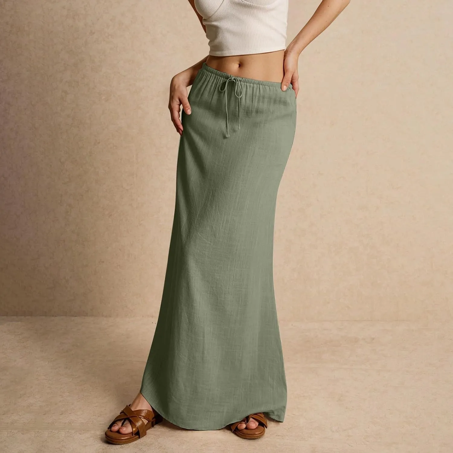 Womens Spring Skirts 2025 Drawstring Waist Boho Maxi Slim Low Rise Cotton Linen A Line Cute Flowy Spring Midi Skirt